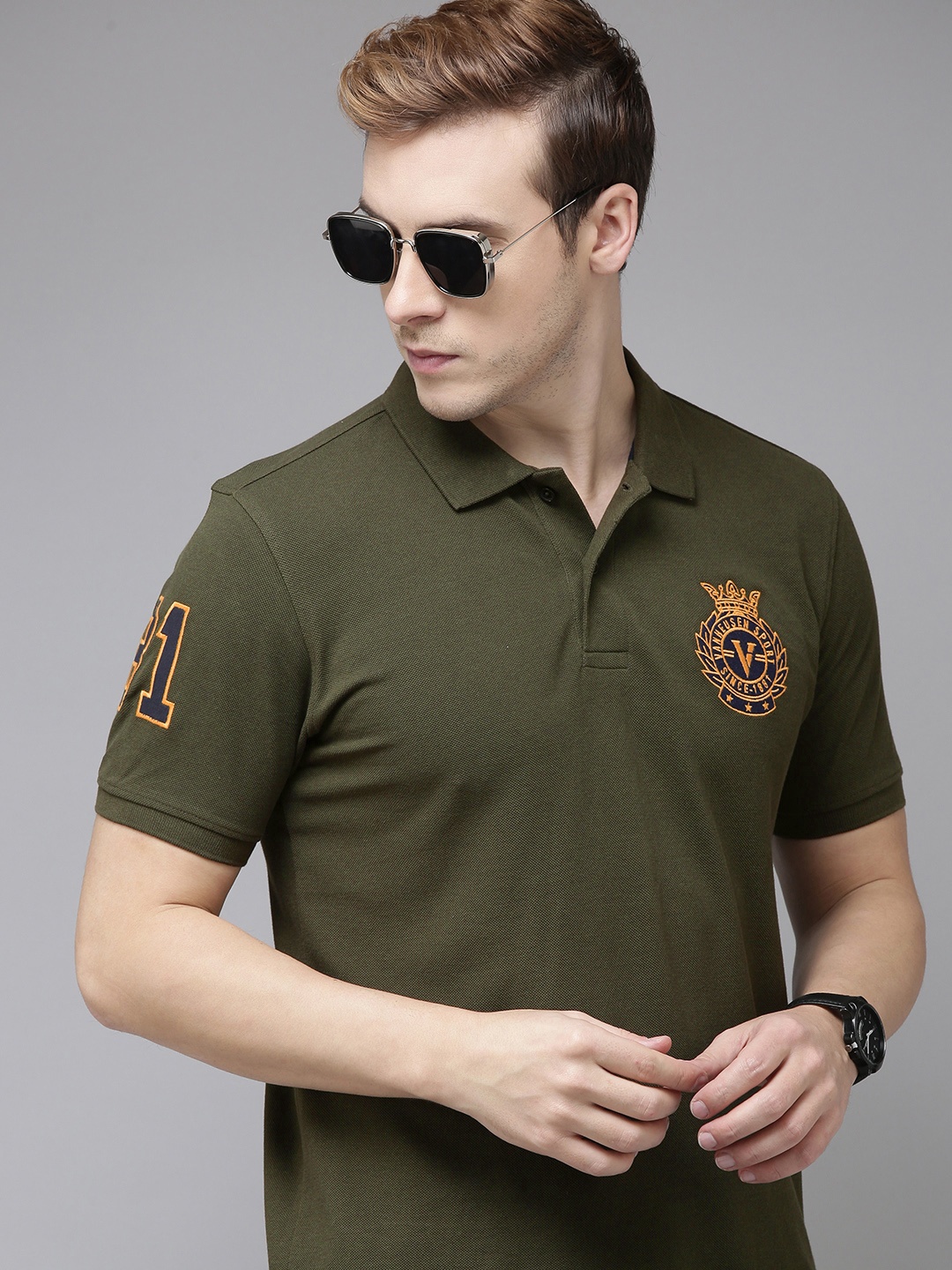Van Heusen Sport Men Brand Logo Printed Polo Collar Pure Cotton T-shirt, Olive