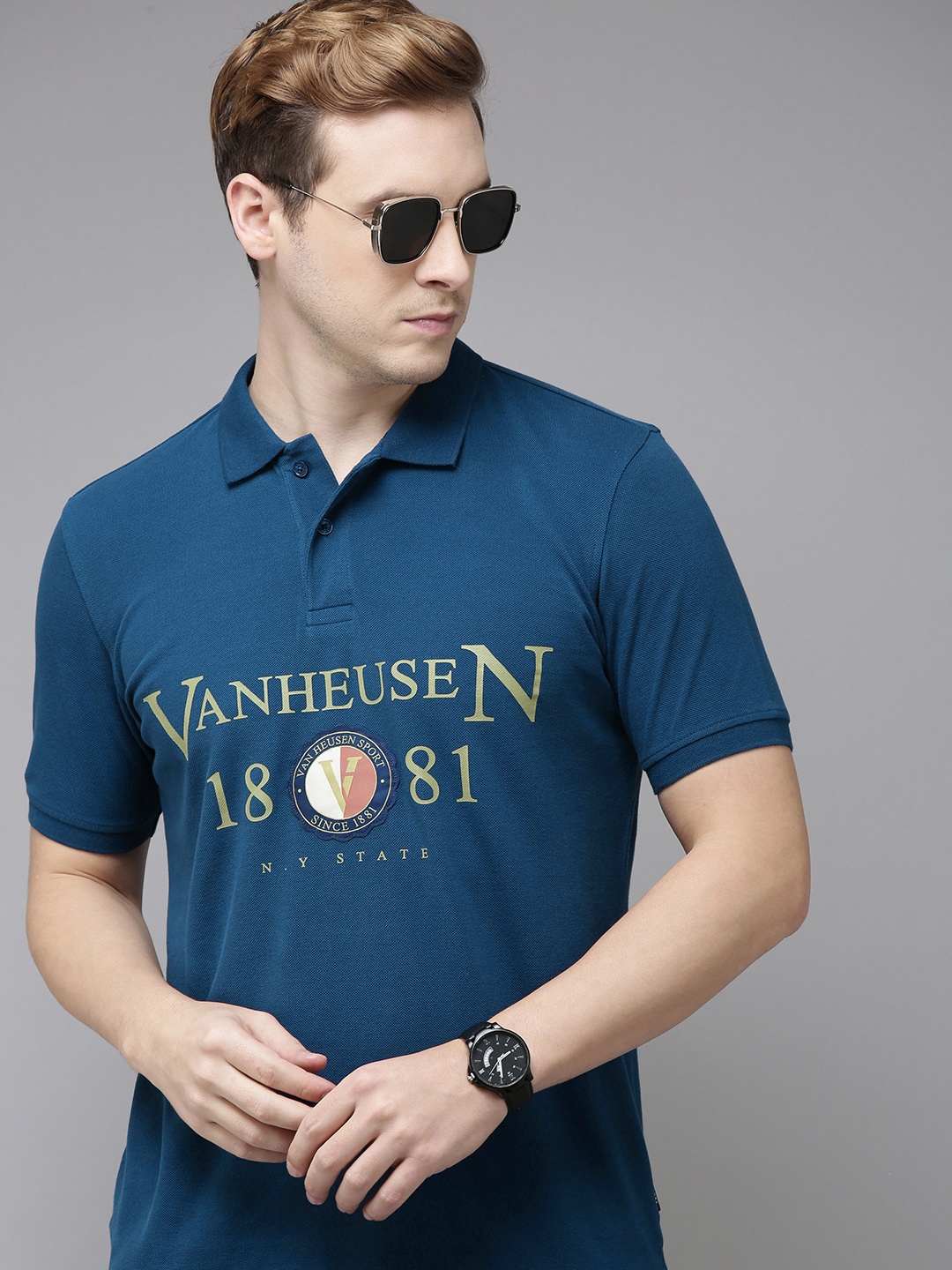 

Van Heusen Sport Men Brand Logo Printed Polo Collar Pure Cotton T-shirt, Teal