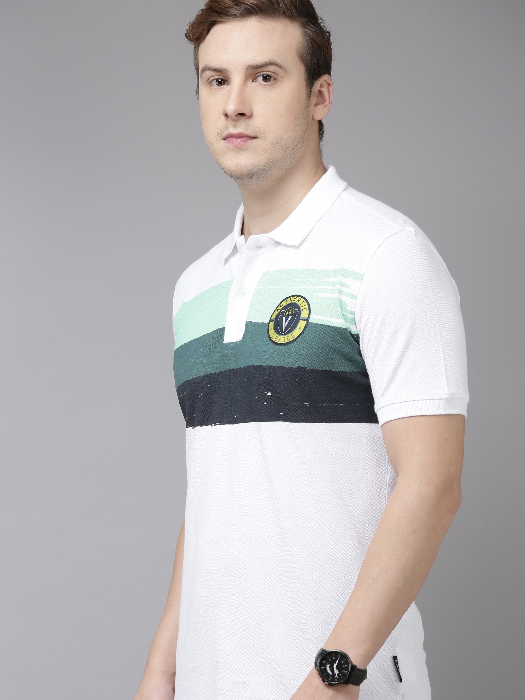 

Van Heusen Sport Men Striped Polo Collar Pure Cotton Applique T-shirt, White