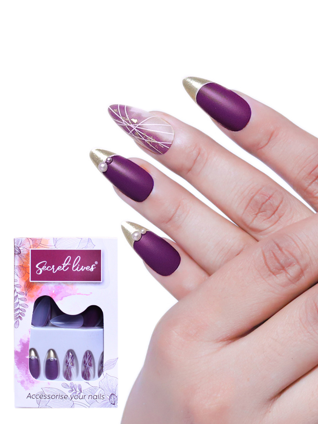 

Secret Lives Designer Artificial Stiletto Nails Extension Matte - 24 Pieces, Purple