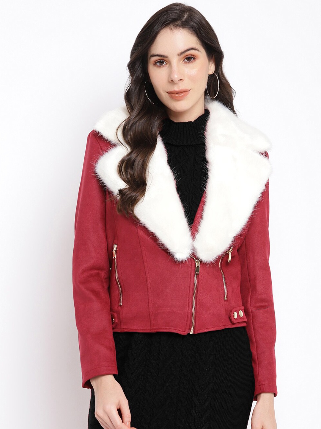 

Latin Quarters Women Maroon Leather Crop Biker Jacket
