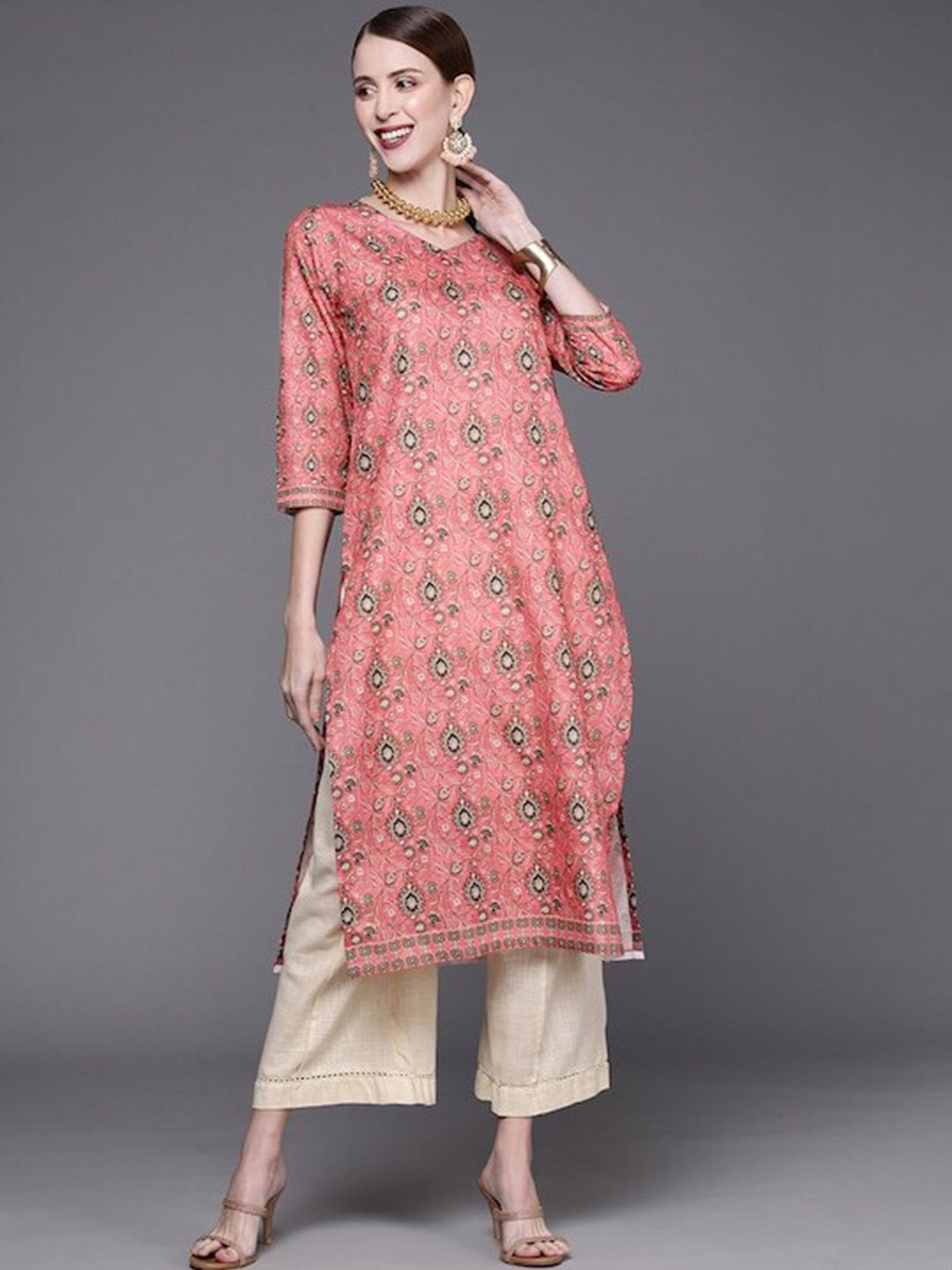 

Varanga Women Coral Ethnic Motifs Printed Kurta