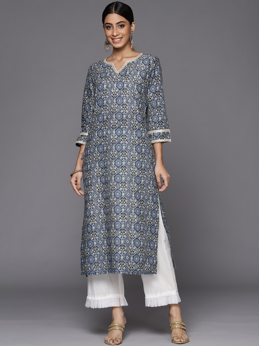

Varanga Women Blue Printed Lace Embellished Straight Winter Kurta