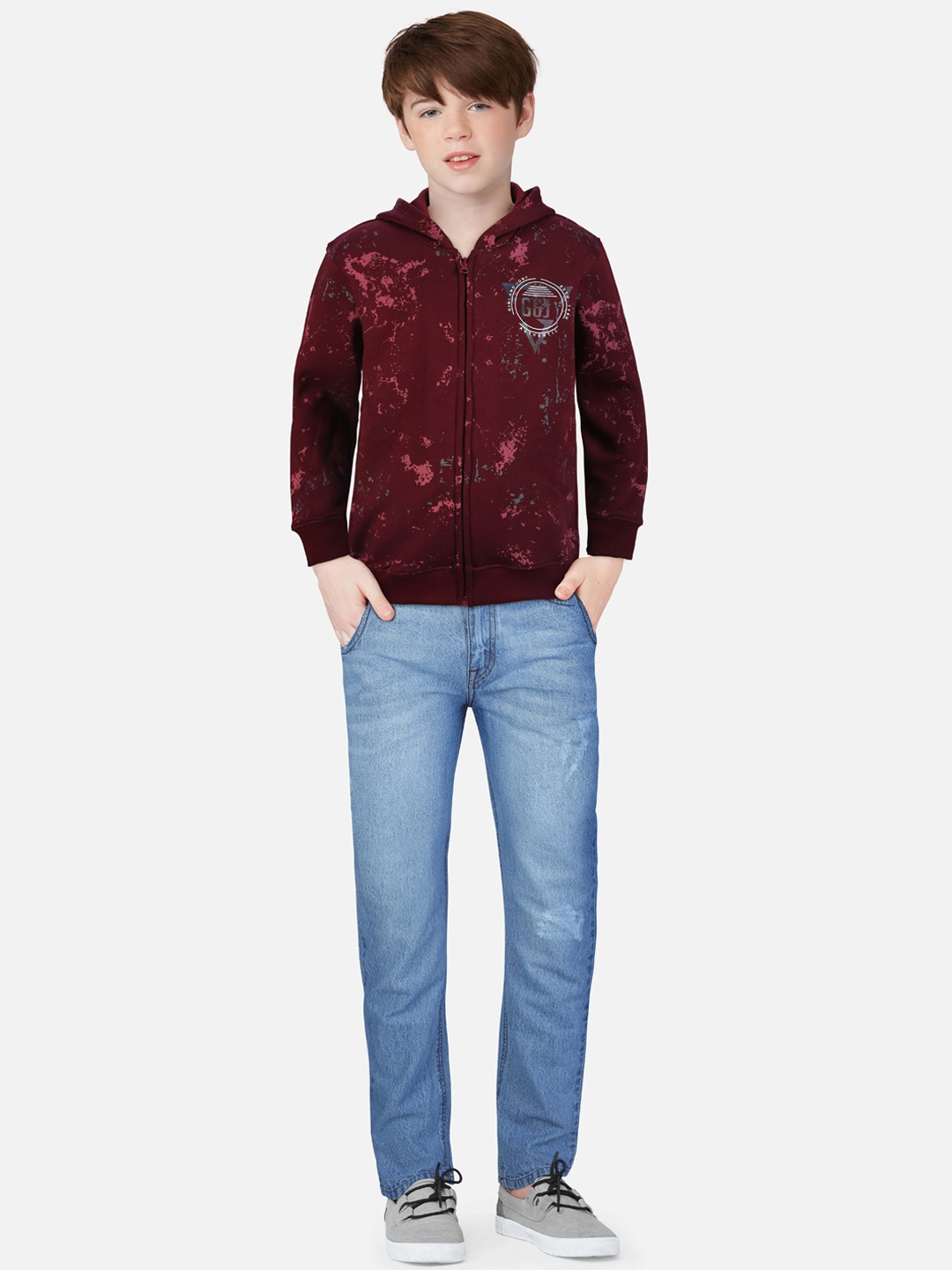 

Gini and Jony Boys Maroon Fleece Hooded Bomber Jacket