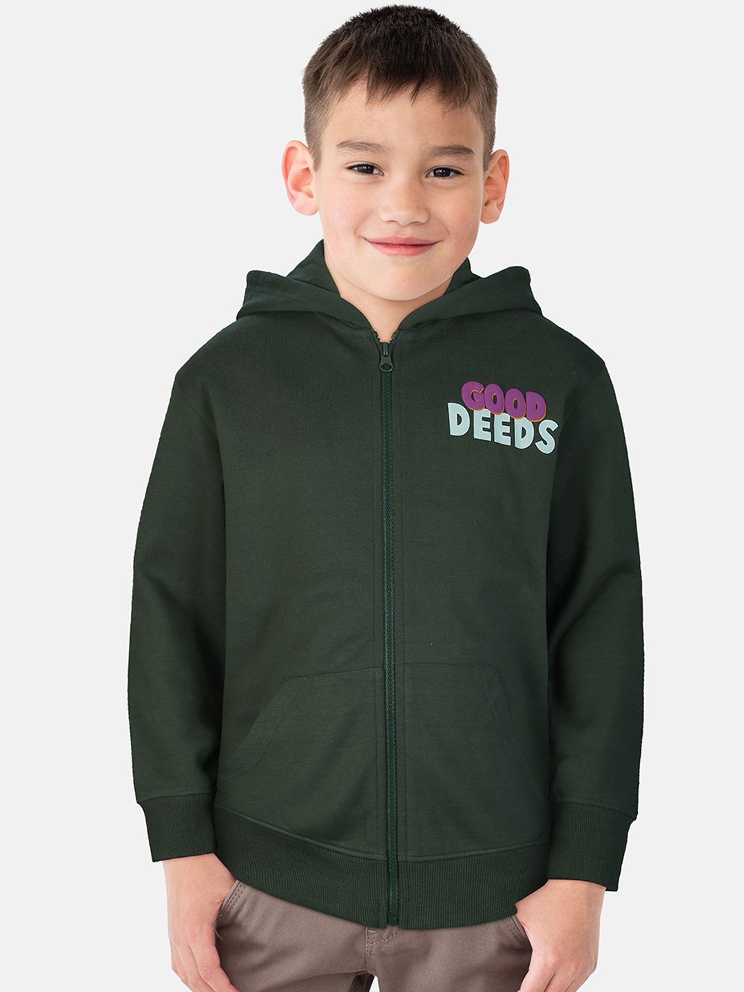 Gini and Jony Boys Olive Green Printed Hooded Sweatshirt