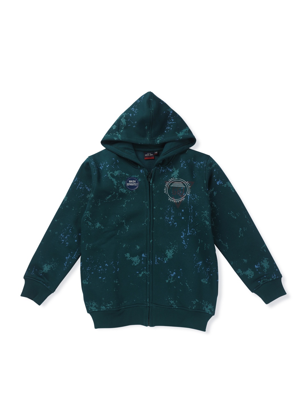 

Gini and Jony Boys Green Printed Hooded Fleece Bomber Jacket