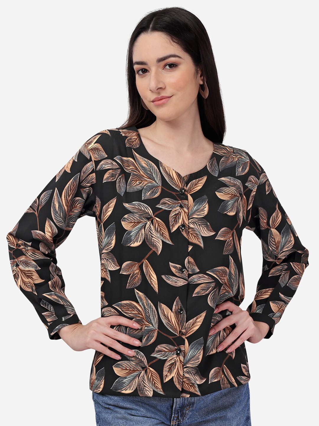 

Fbella Women Black & Beige Floral Printed Top