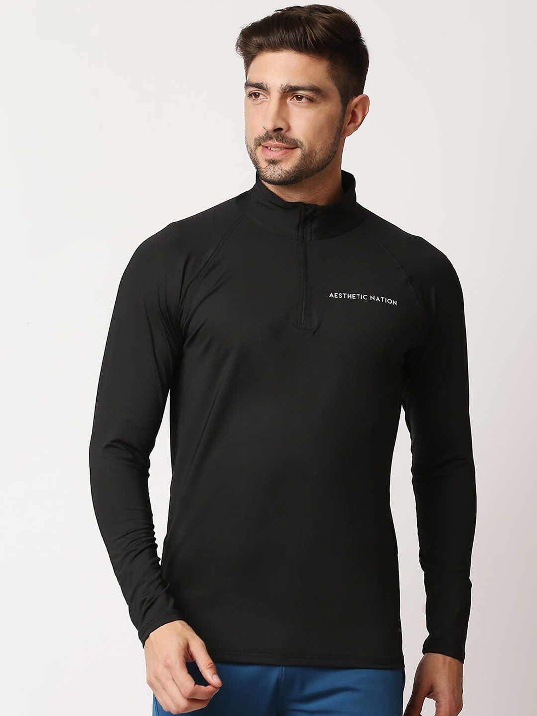

AESTHETIC NATION Men Black High Neck Dri-FIT Slim Fit T-shirt