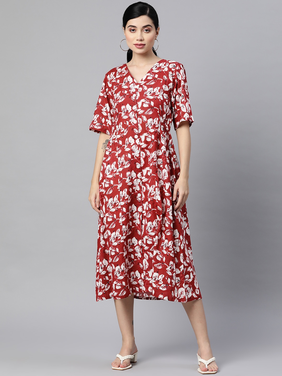 

Indibelle Maroon & White Floral Pure Cotton Midi A-Line Dress