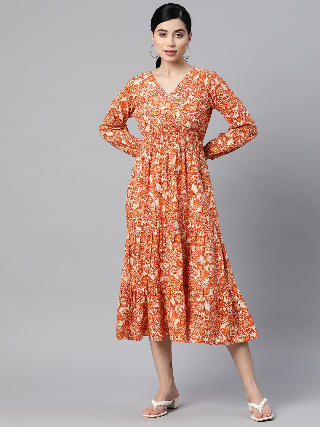 

Indibelle Rust Orange Pure Cotton Paisley Print Maxi Tiered Dress