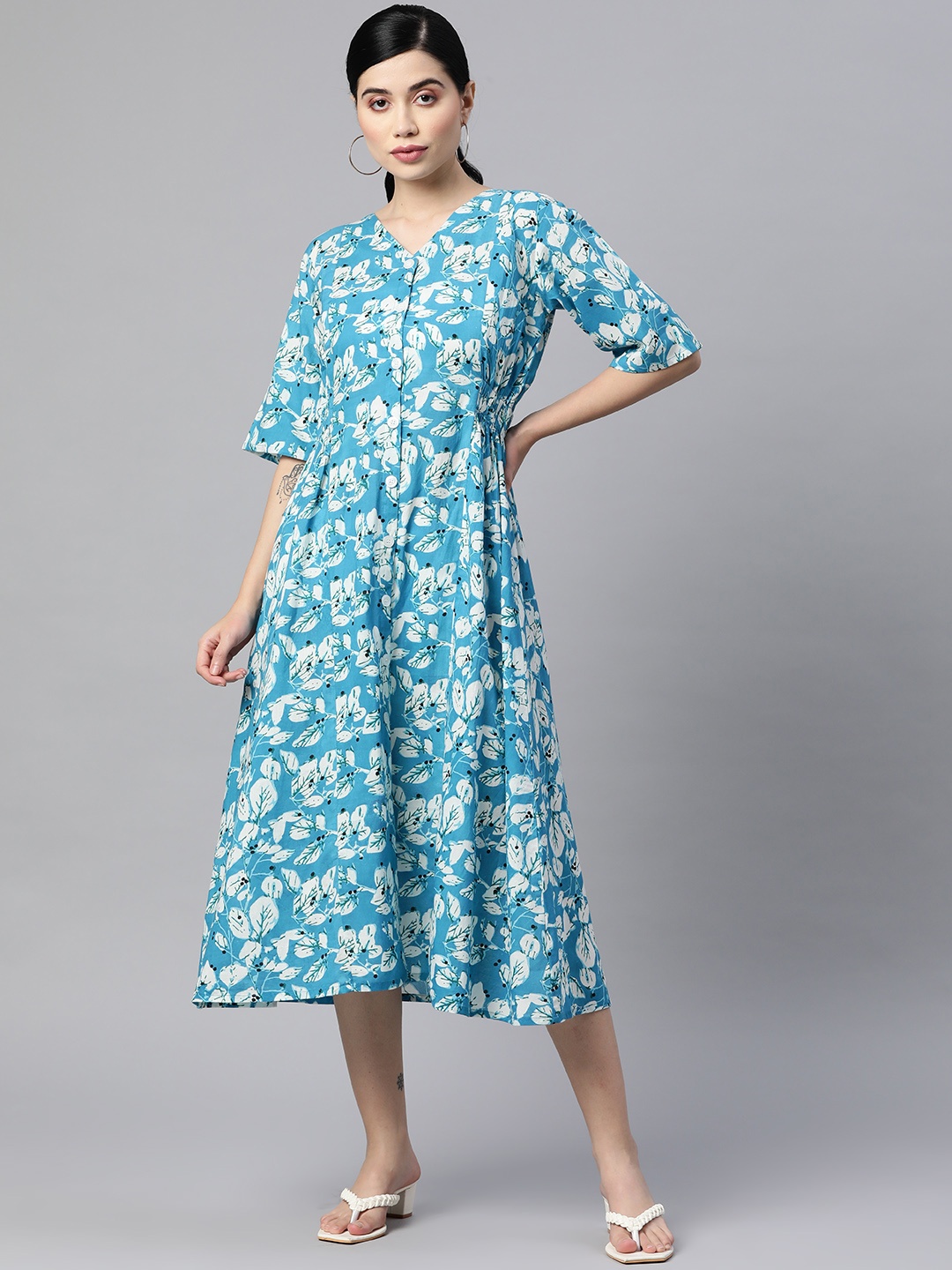 

Indibelle Blue & White Pure Cotton Floral A-Line Midi Dress