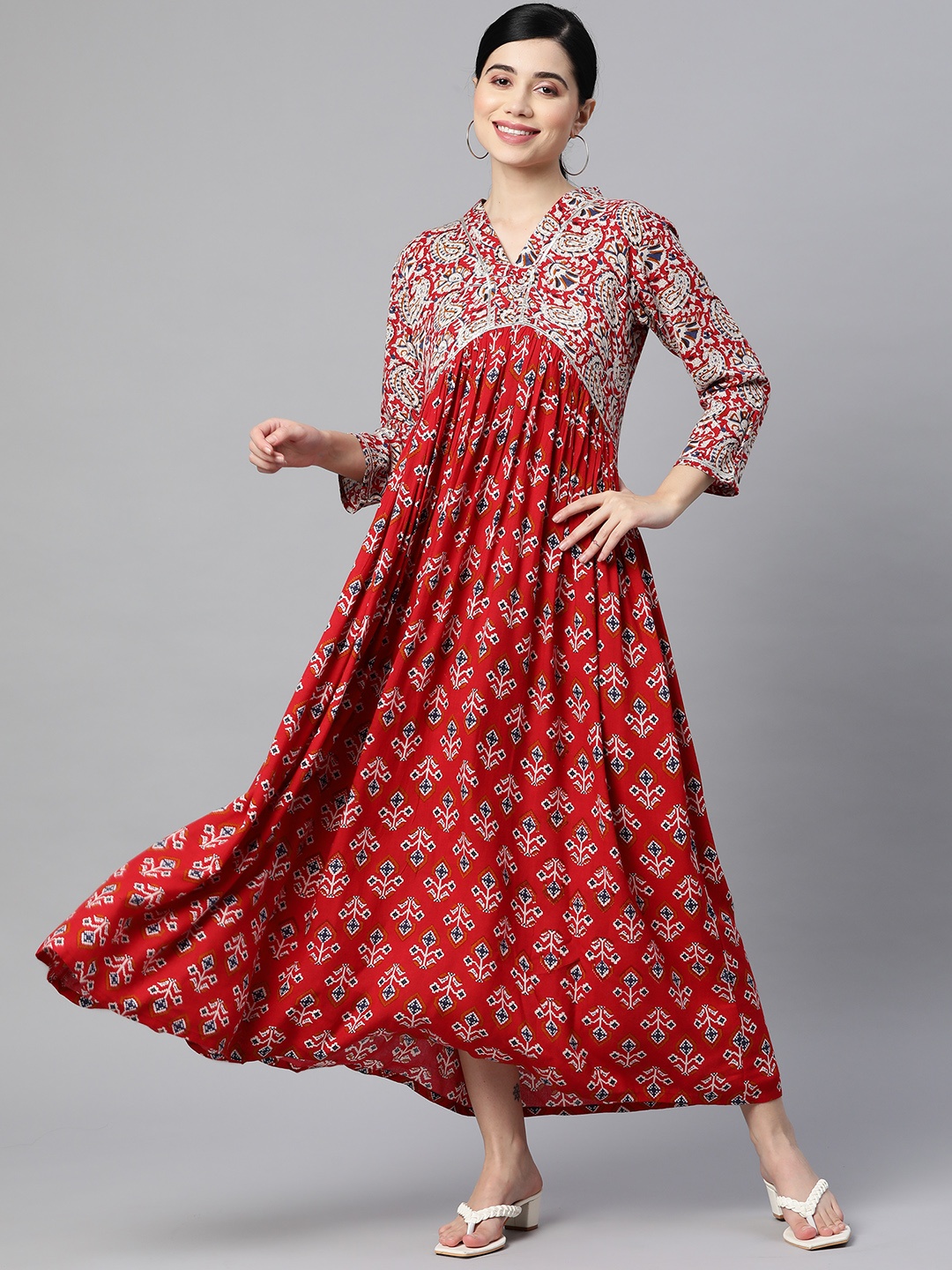 

Indibelle Women Ethnic Printed A-Line Ethnic Dress, Red