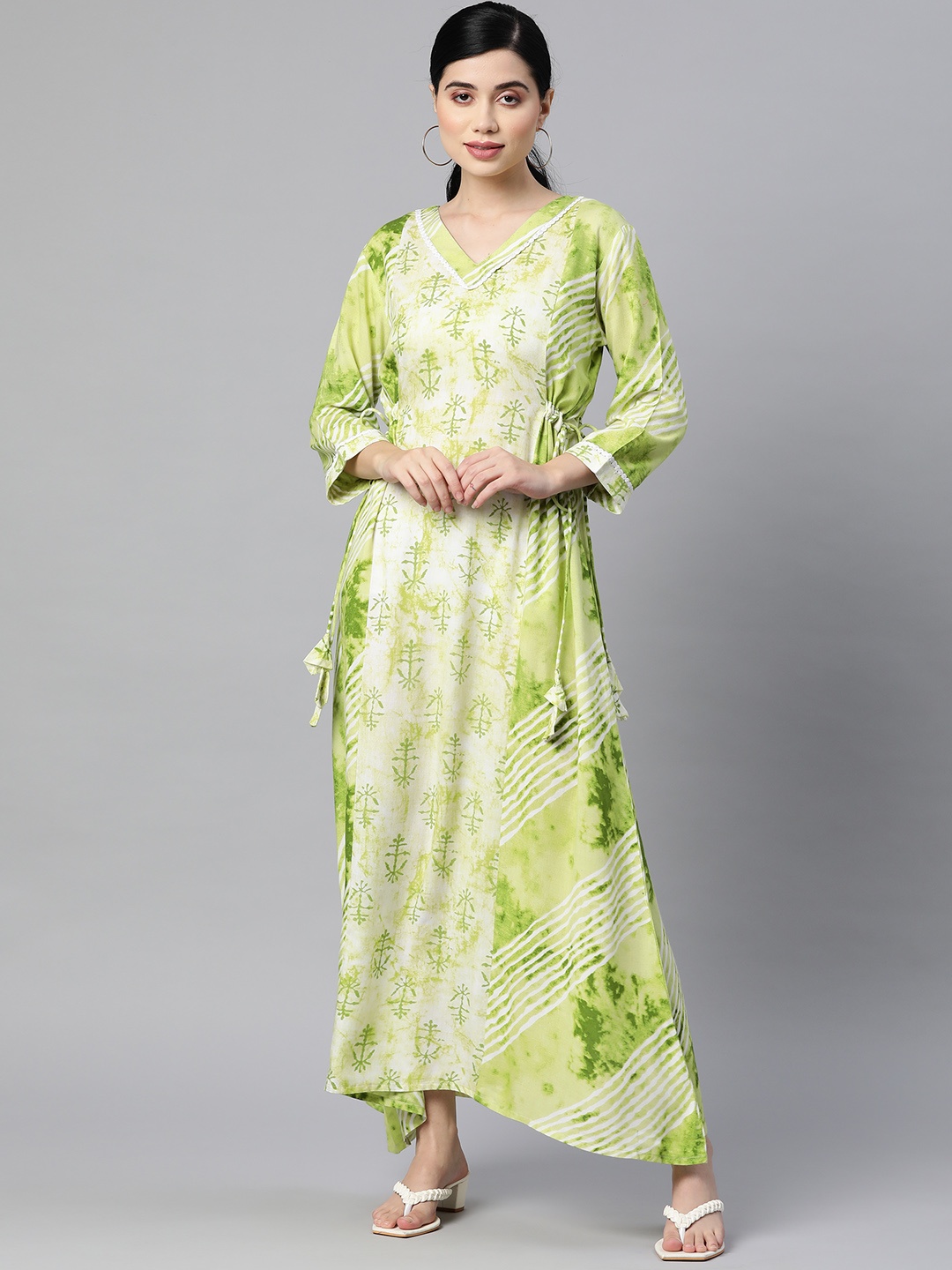 

Indibelle Women Floral A-Line Maxi Dress with Tie Ups Detail, Green
