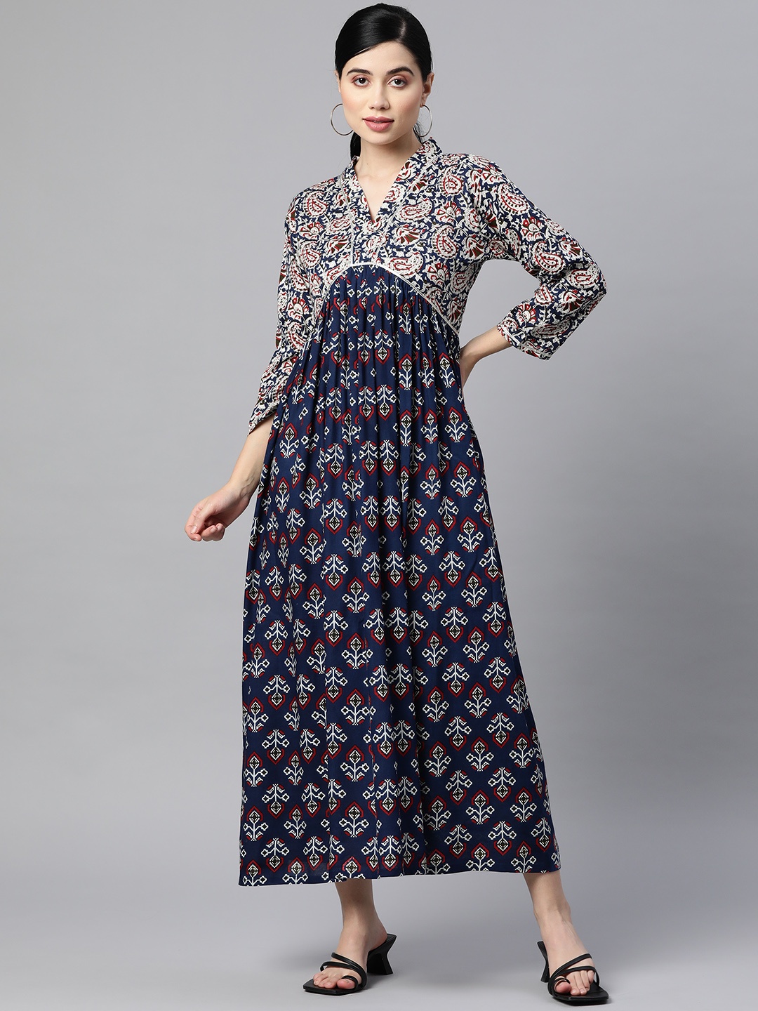 

Indibelle Women Ethnic Printed A-Line Ethnic Dress, Navy blue