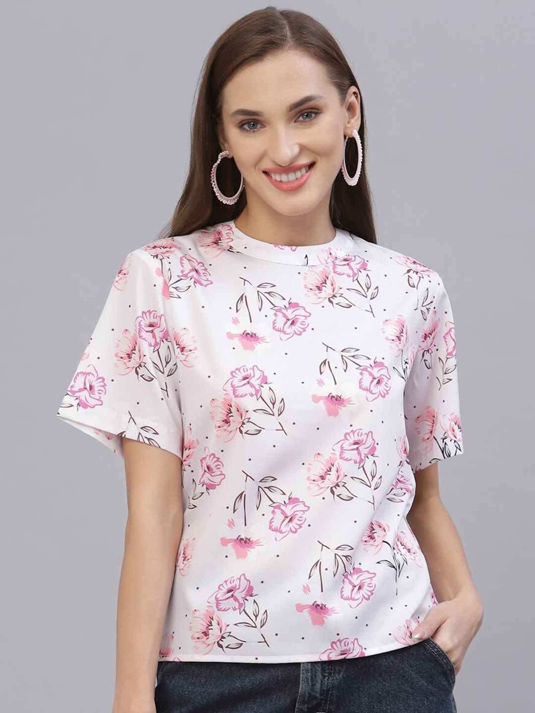 

Style Quotient Pink Floral Print Round Neck Short Sleeves Top