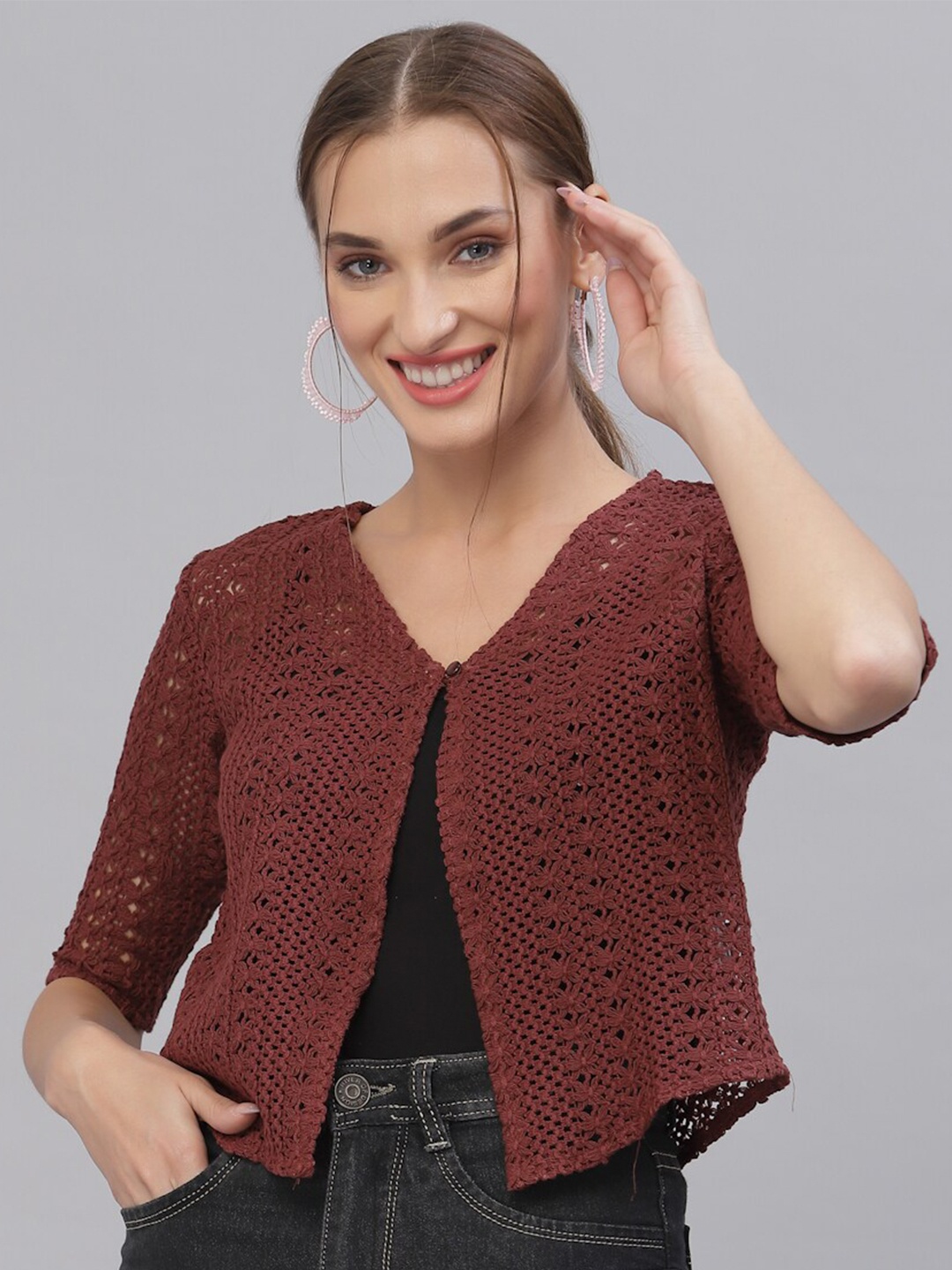 

Style Quotient Women Maroon Self Design Crop Knitted Shrug