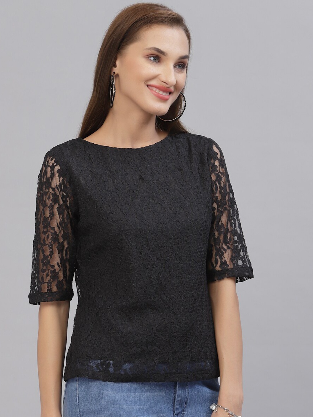 

Style Quotient Women Black Self Design Nylon Regular Top
