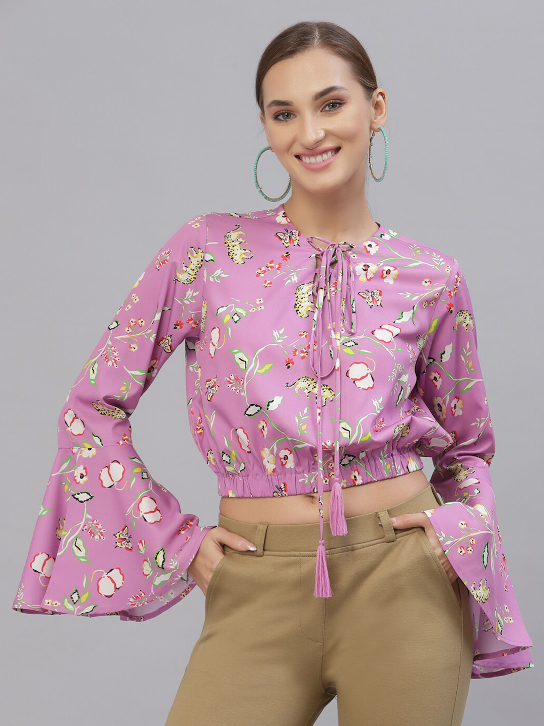 

Style Quotient Women Purple Floral Print Tie-Up Neck Blouson Crop Top