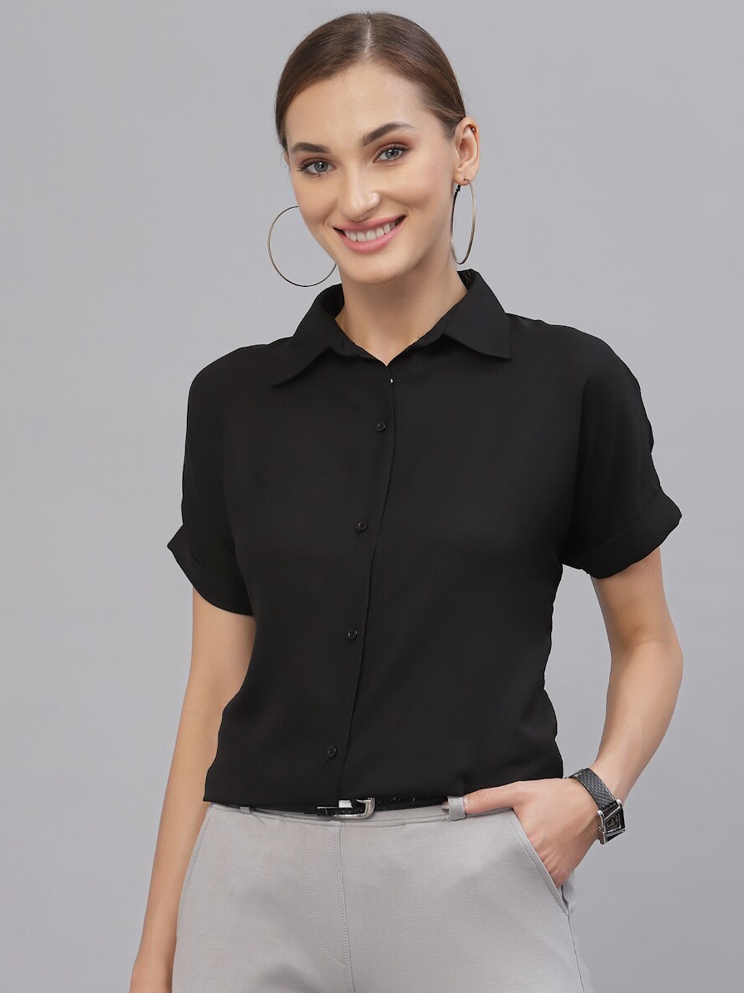 

Style Quotient Women Black Solid Polyester Regular Fit Casual Shirt