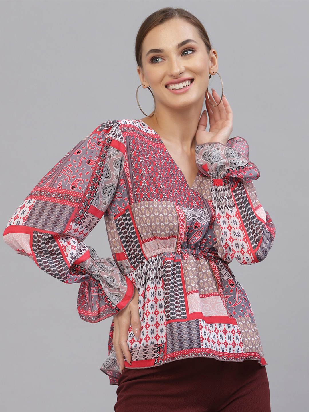 Style Quotient Orange Print Cinched Waist Top