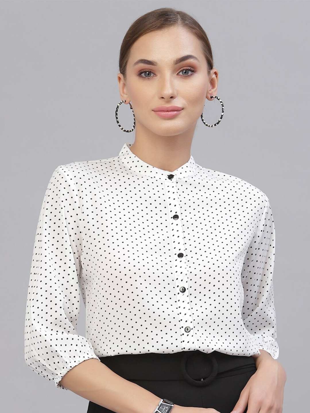 

Style Quotient White & Black Polka Dot Print Mandarin Collar Shirt Style Top