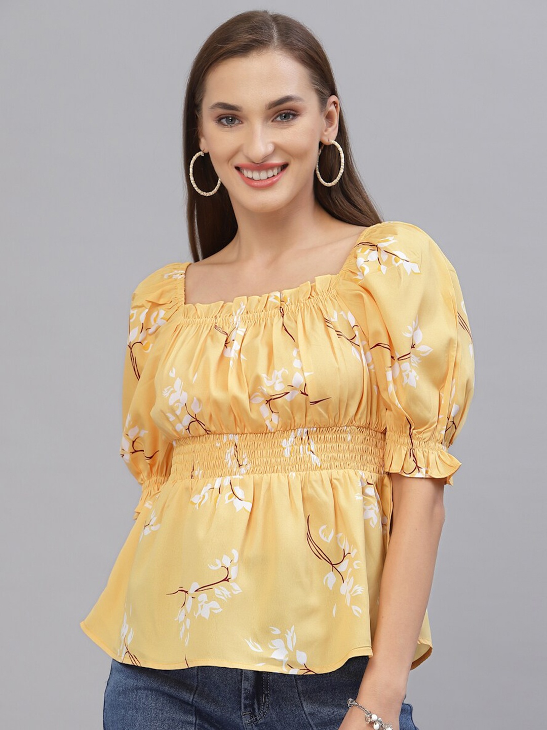 

Style Quotient Women Yellow Floral Print Cinched Waist Top