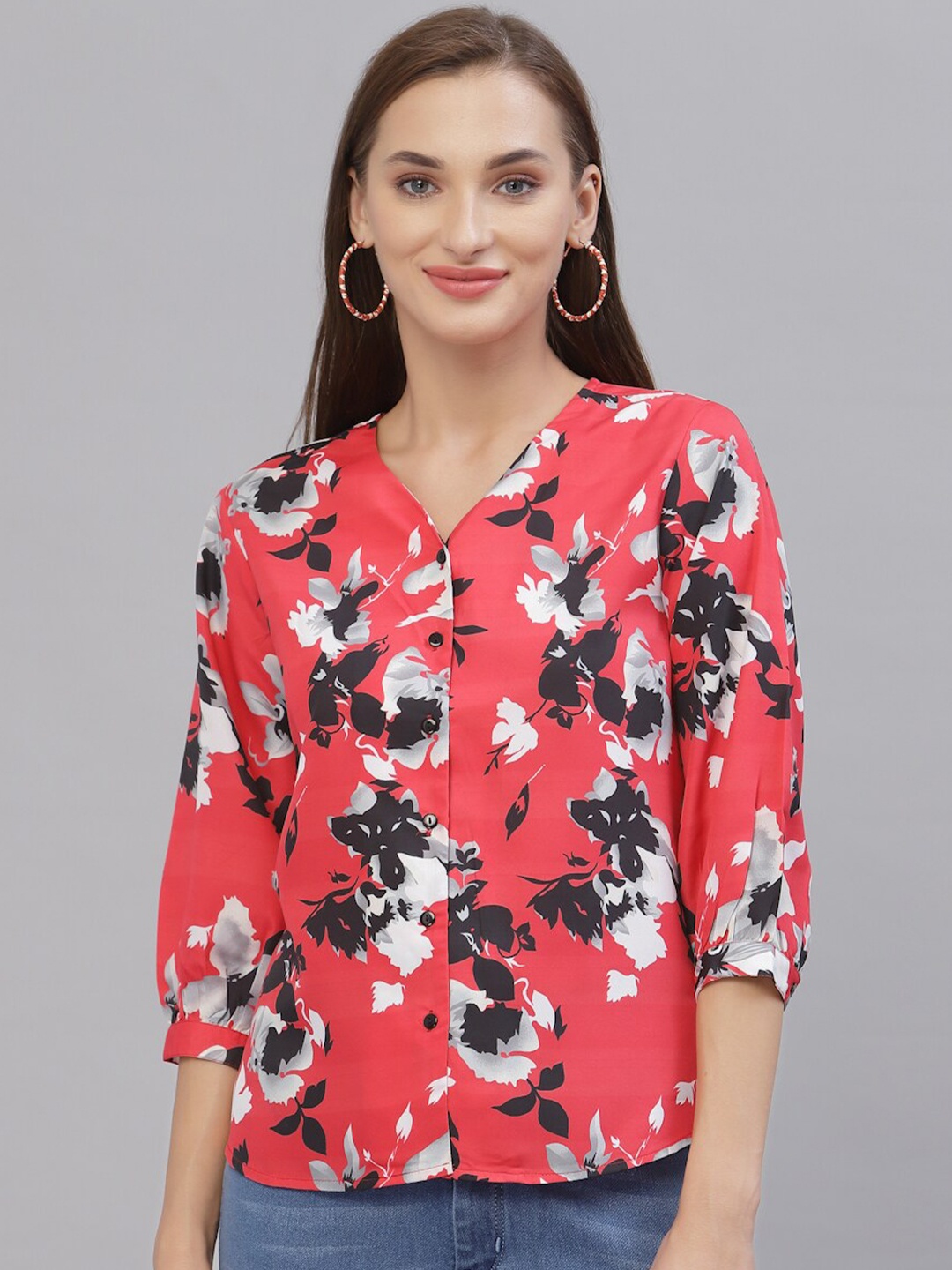Style Quotient Women Coral & Black Floral Printed Top