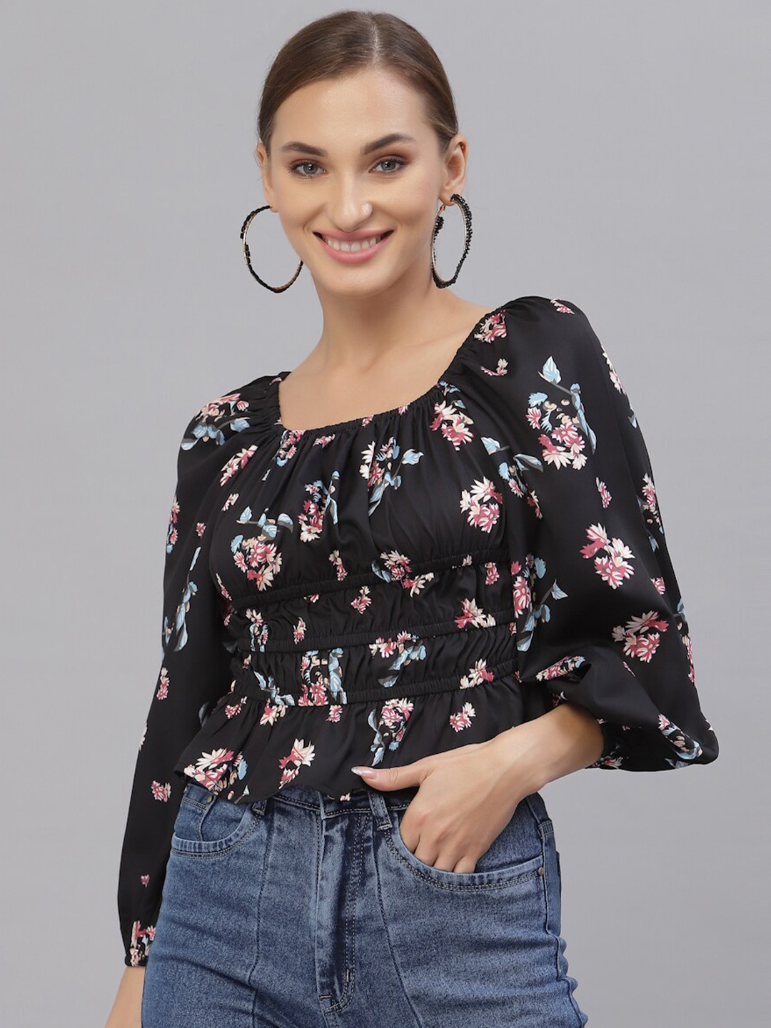 

Style Quotient Women Black Floral Print Top