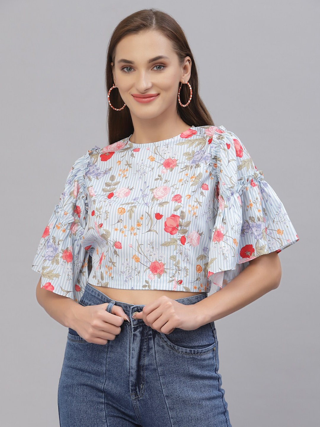 Style Quotient Women Blue & Pink Floral Print Crop Top