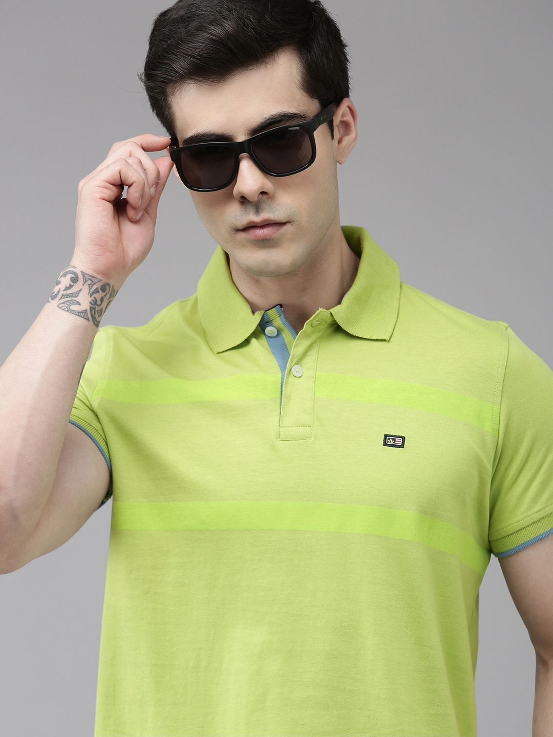 

Arrow Striped Pure Cotton Polo Collar T-shirt, Green