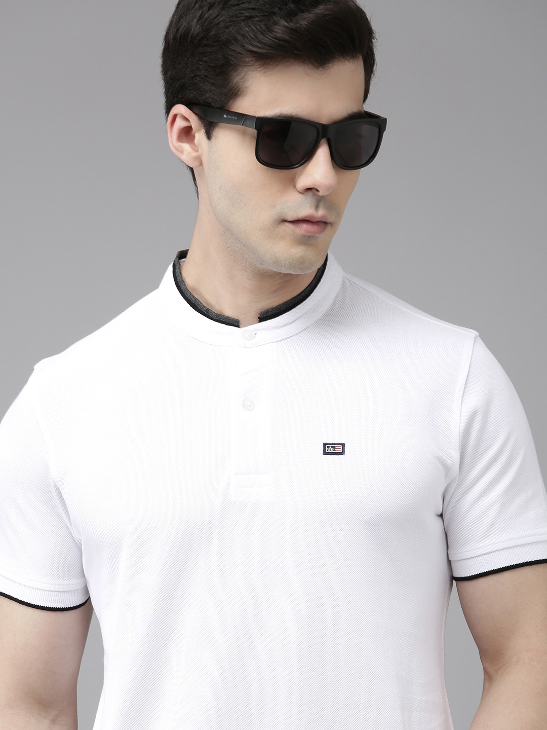 

Arrow Men Solid Band Collar Knitted Pure Cotton T-shirt With Minimal Embroidered Detail, White