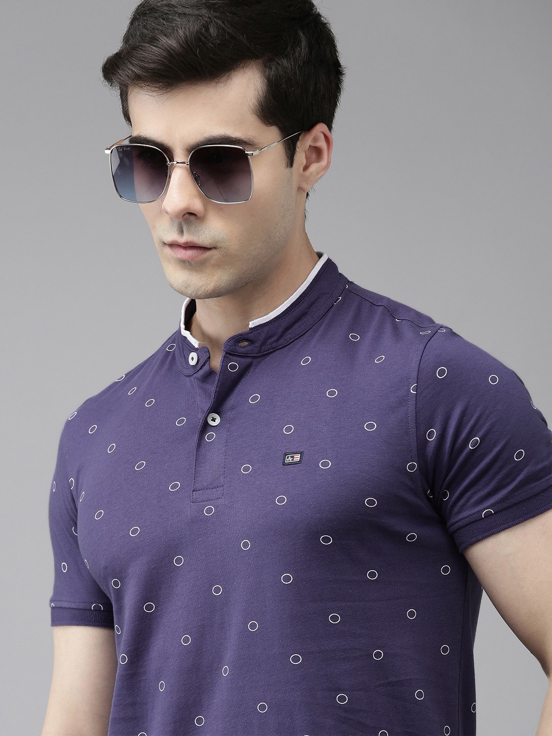 

Arrow Geometric Printed Mandarin Collar Pure Cotton T-shirt, Blue