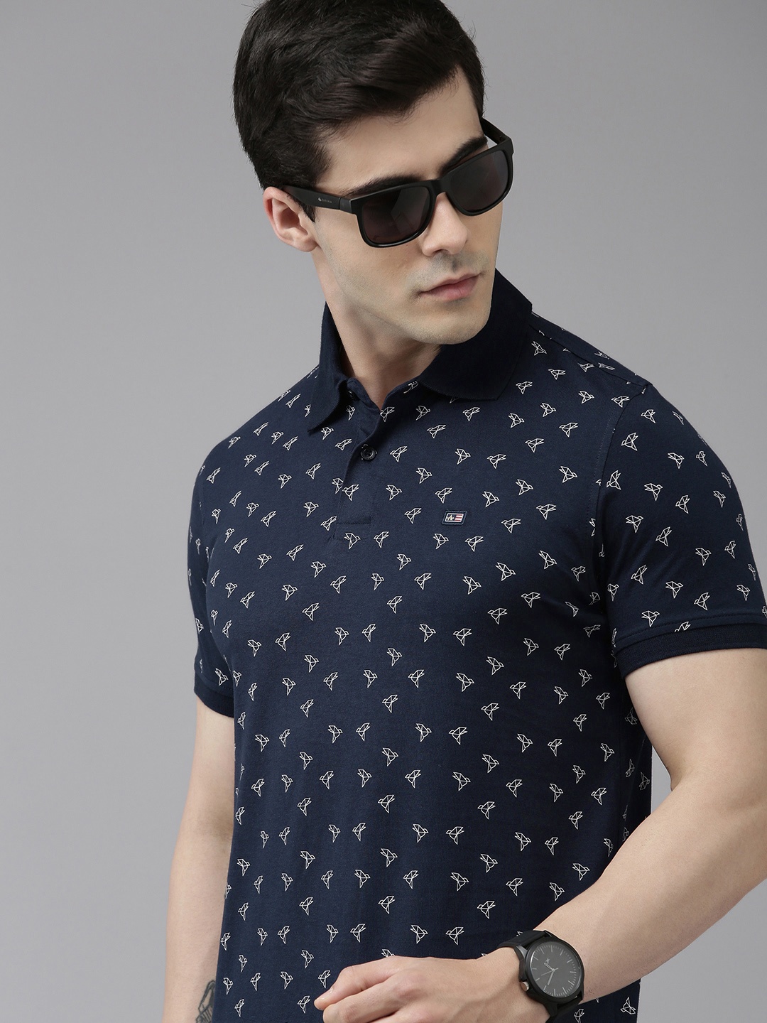 

Arrow Printed Polo Collar Pure Cotton T-shirt, Navy blue