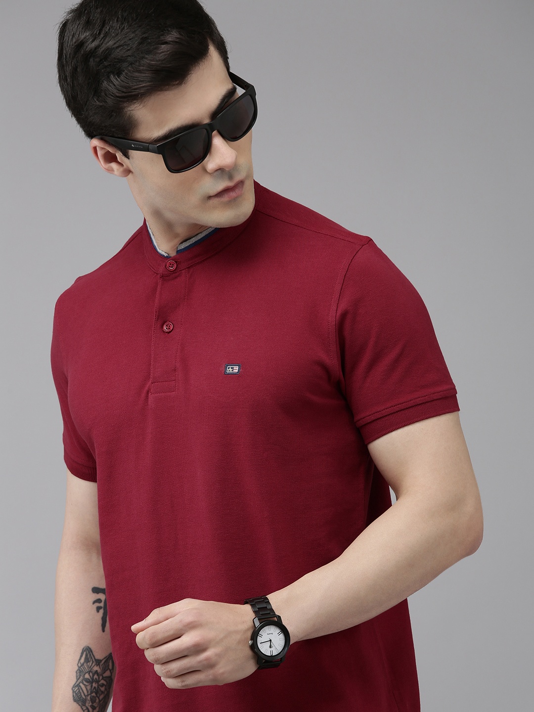 

Arrow Men Solid Band Collar Knitted Pure Cotton T-shirt With Minimal Embroidered Detail, Maroon