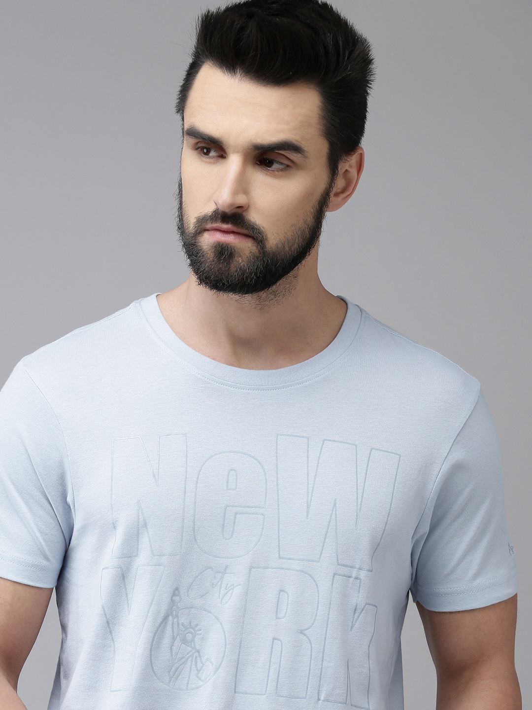 

Arrow Men Blue New York City Print Round Neck Indigo Pure Cotton Knitted T-shirt