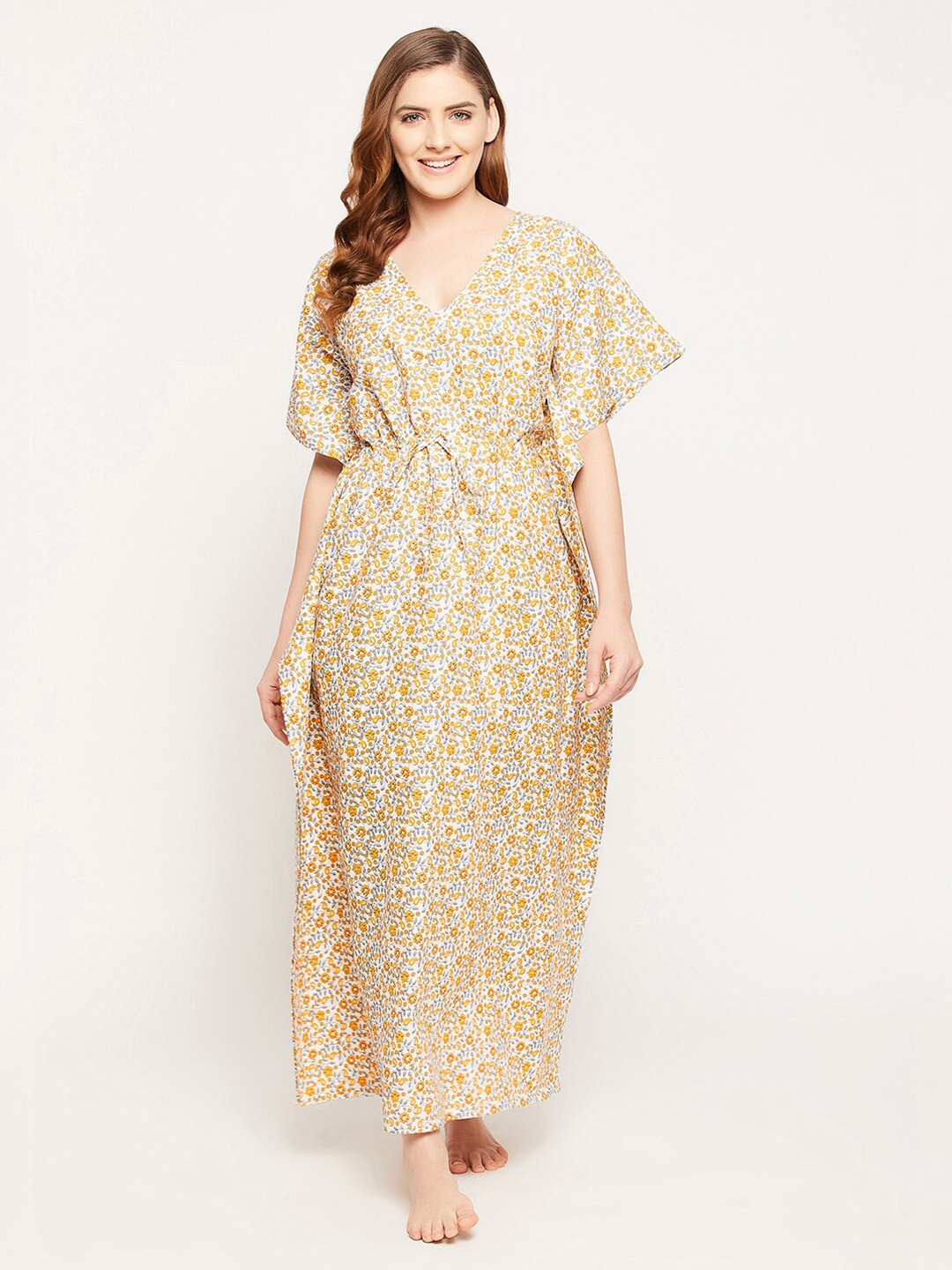 

Clovia Yellow Printed Kaftan Maxi Nightdress