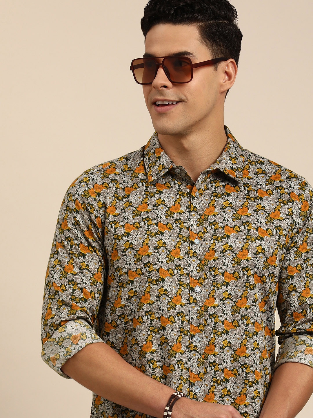 

Being Human Men Slim Fit Floral Printed Pure Cotton Casual Shirt, Mustard