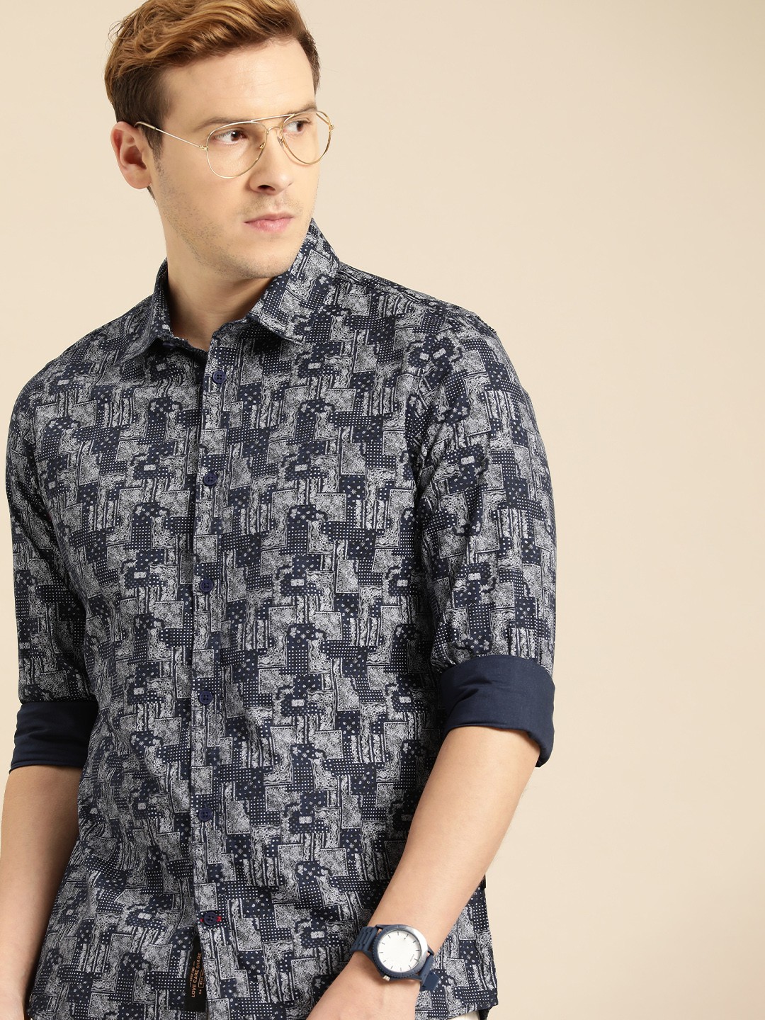 

Being Human Men Navy Blue & Off-White Slim Fit Printed Casual Shirt
