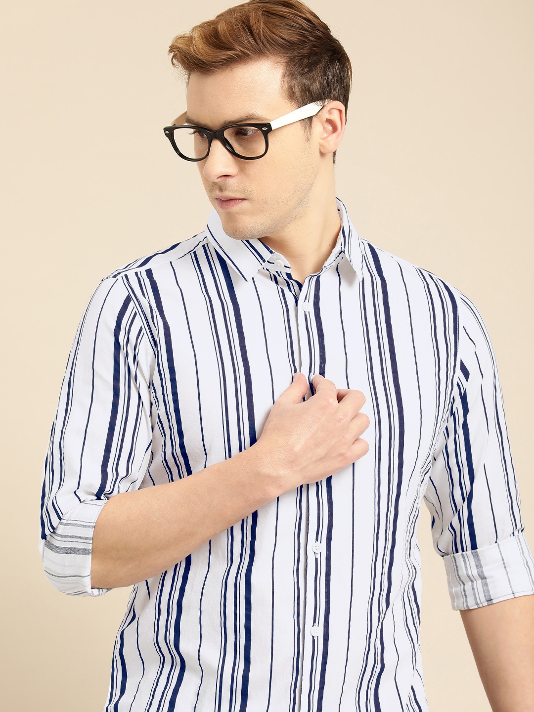 

Being Human Men White & Blue Slim Fit Vertical Striped Pure Cotton Casual Shirt