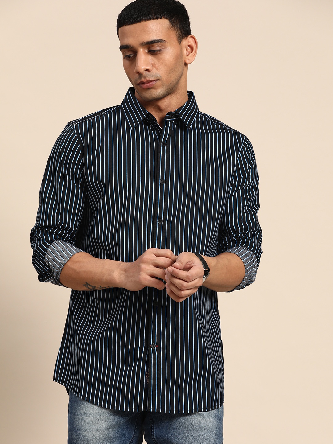 

Being Human Men Black & Navy Blue Pure Cotton Slim Fit Striped Casual Shirt