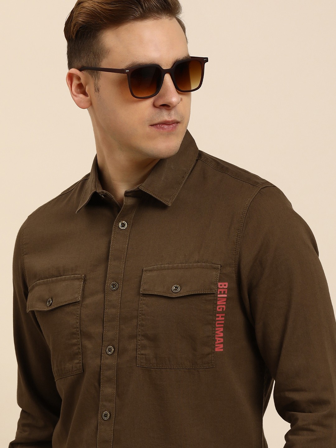 

Being Human Men Slim Fit Printed Pure Cotton Casual Shirt, Brown