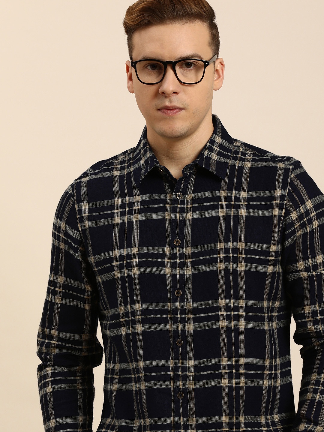 

Being Human Men Slim Fit Checked Pure Cotton Casual Shirt, Navy blue