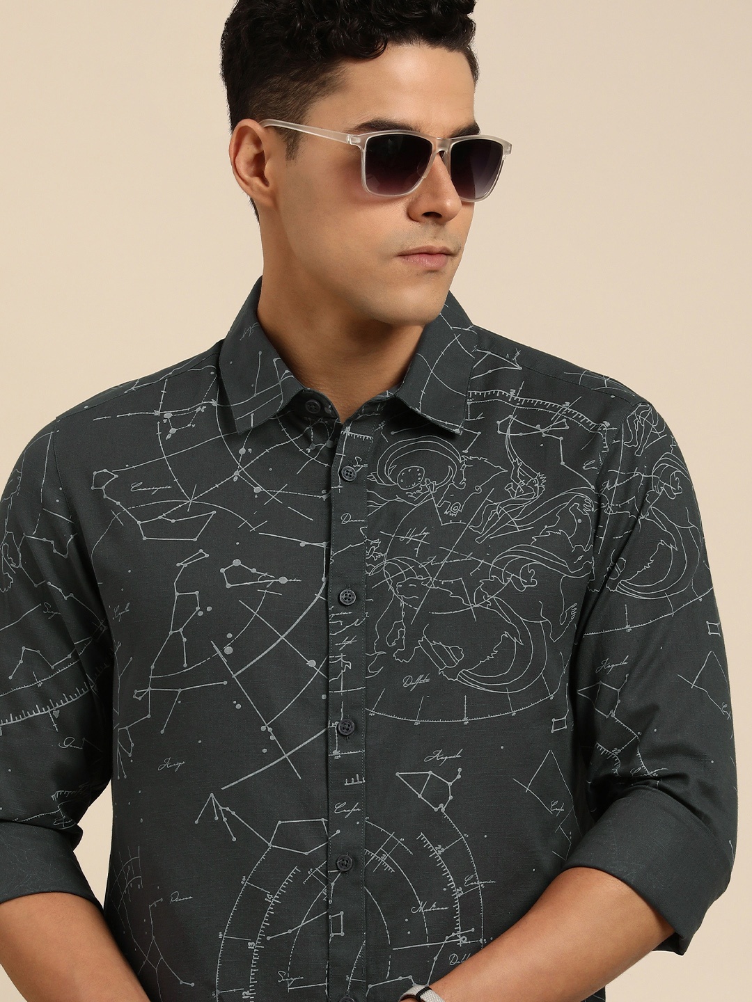 

Being Human Men Slim Fit Geometric Printed Pure Cotton Casual Shirt, Grey