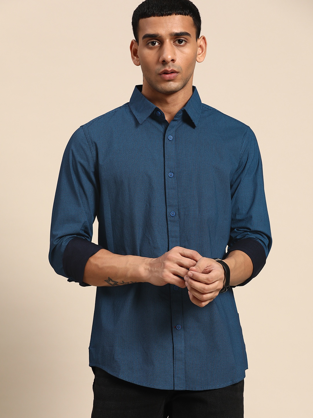 

Being Human Men Navy Blue Pure Cotton Slim Fit Printed Casual Shirt