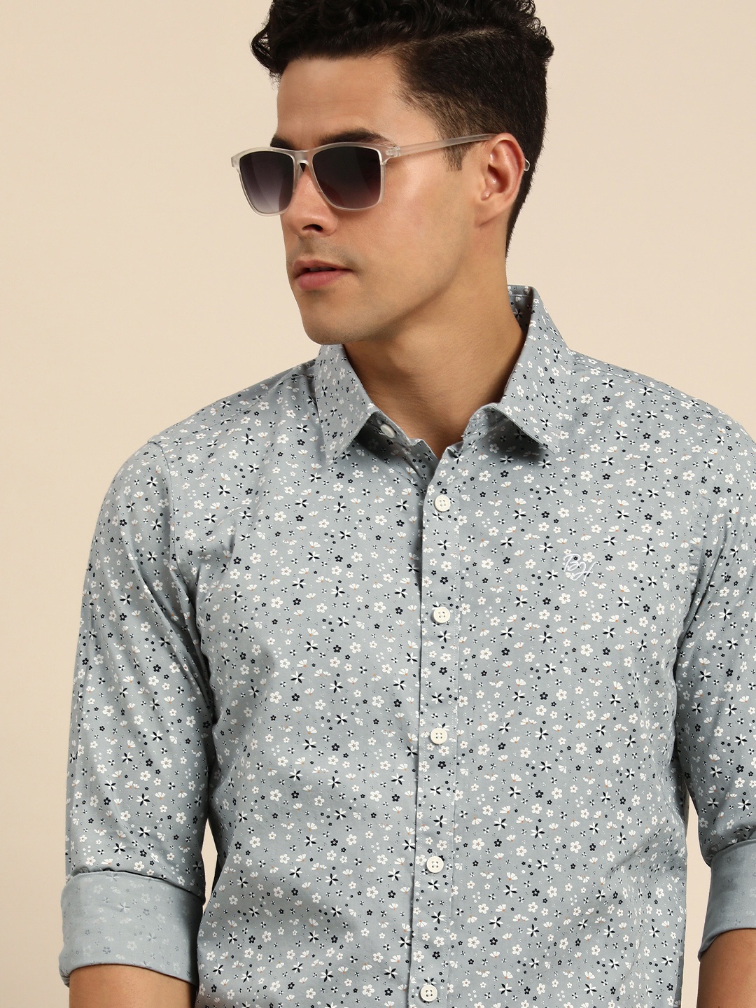 

Being Human Men Grey Slim Fit Floral Printed Pure Cotton Casual Shirt