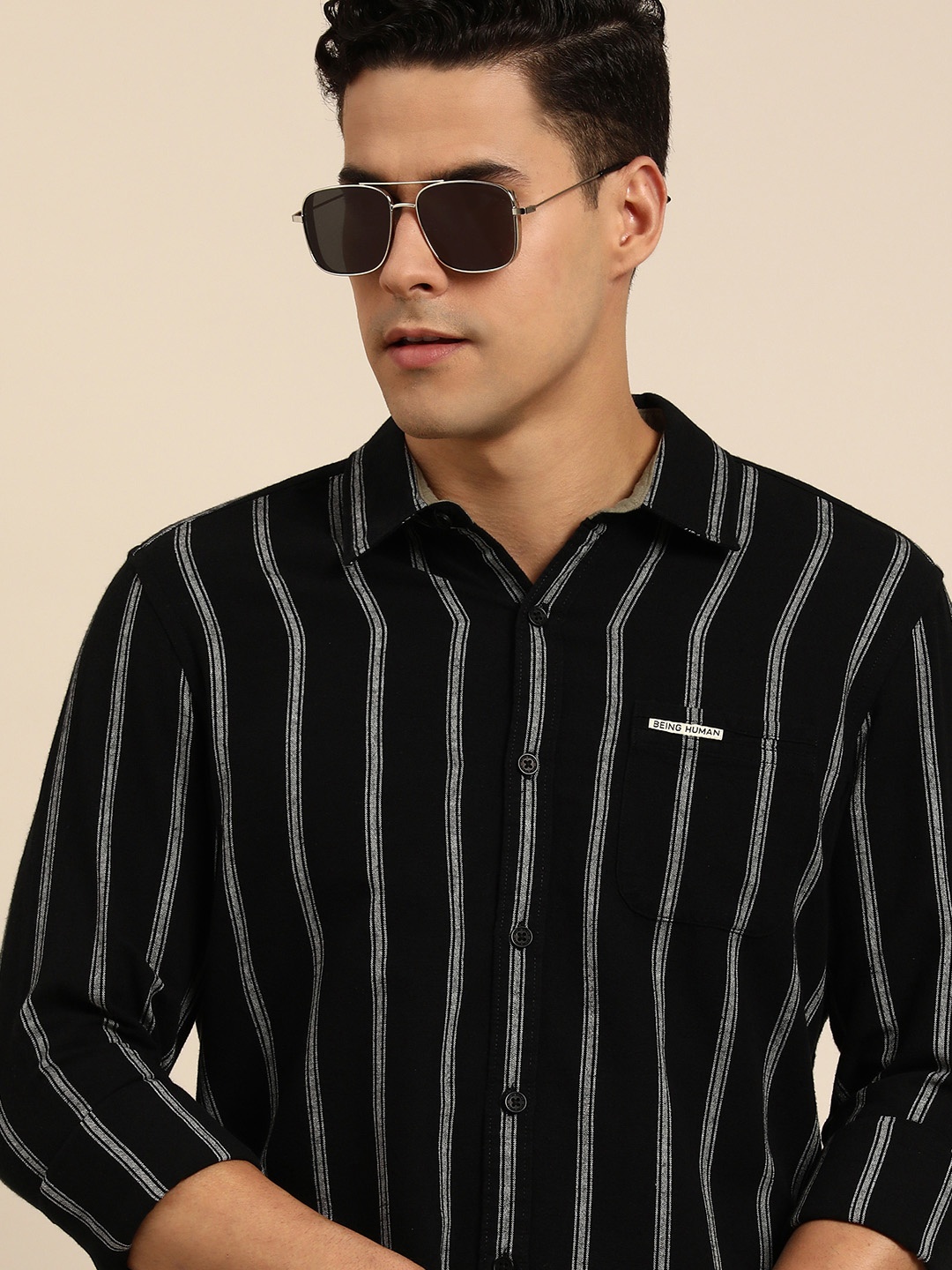 

Being Human Men Slim Fit Striped Cotton Line Casual Shirt, Black