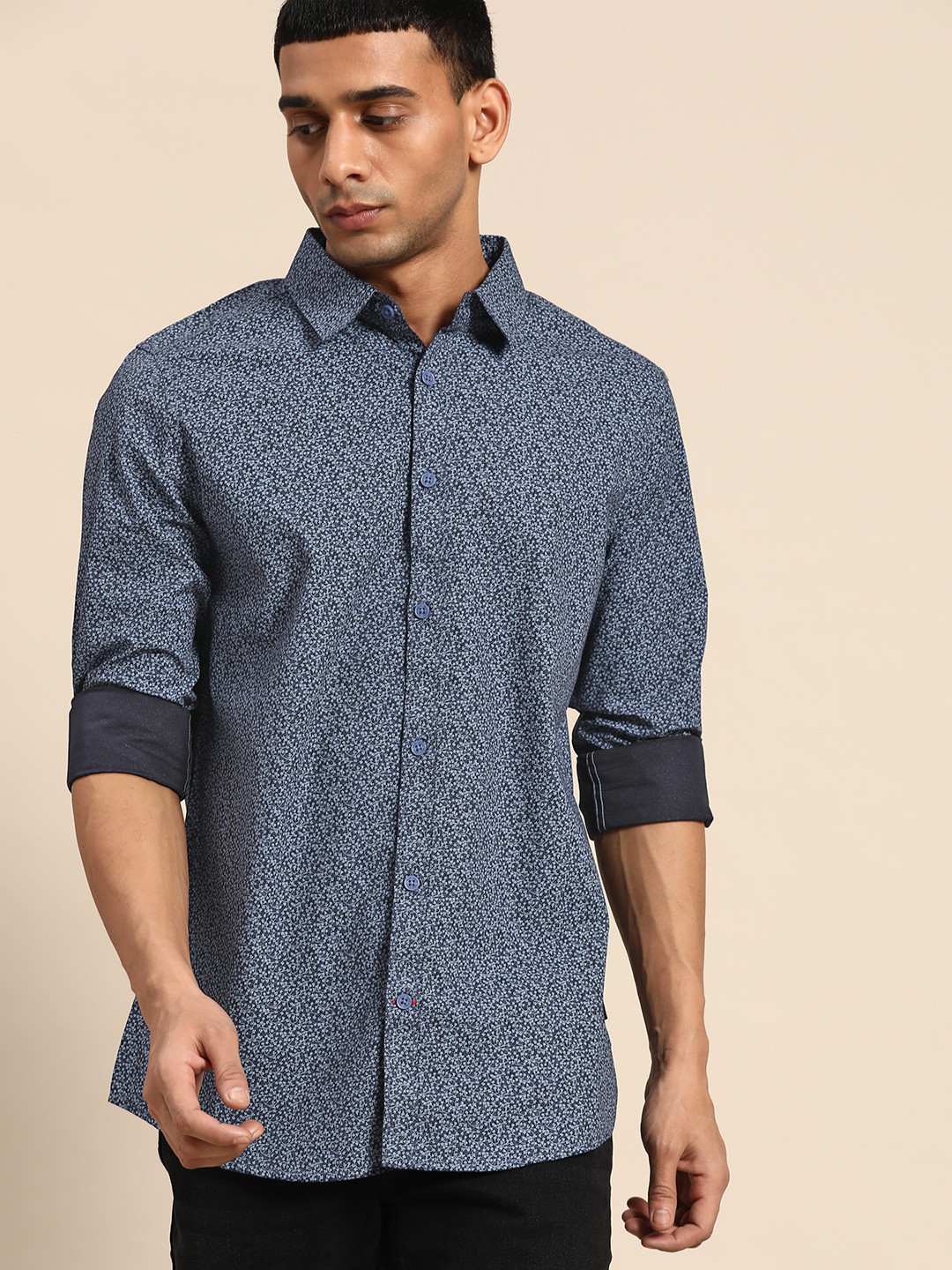 

Being Human Men Blue & Black Pure Cotton Slim Fit Printed Casual Shirt