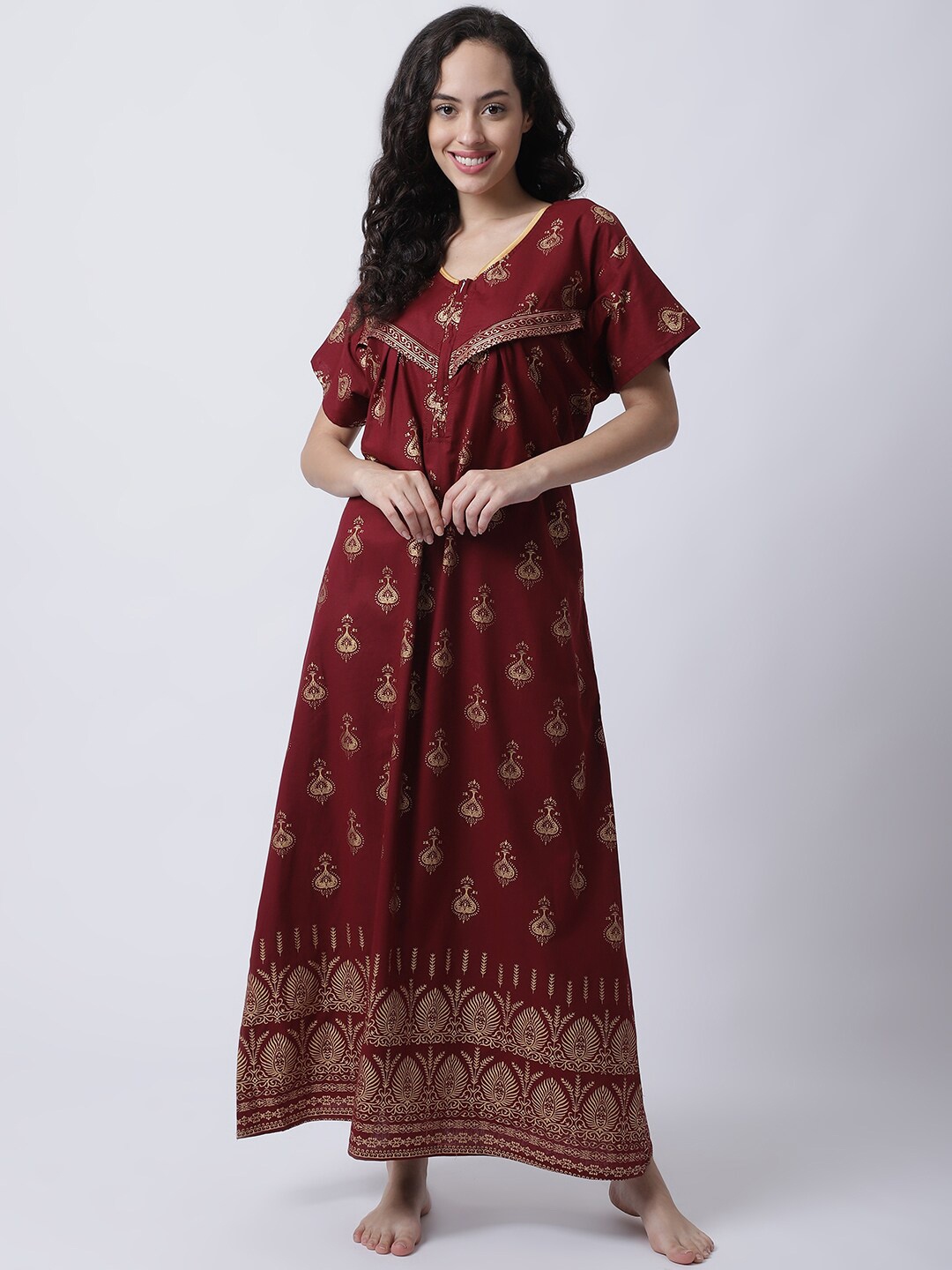 

Secret Wish Red Ethnic Motifs Printed Pure Cotton Maternity Maxi Nightdress