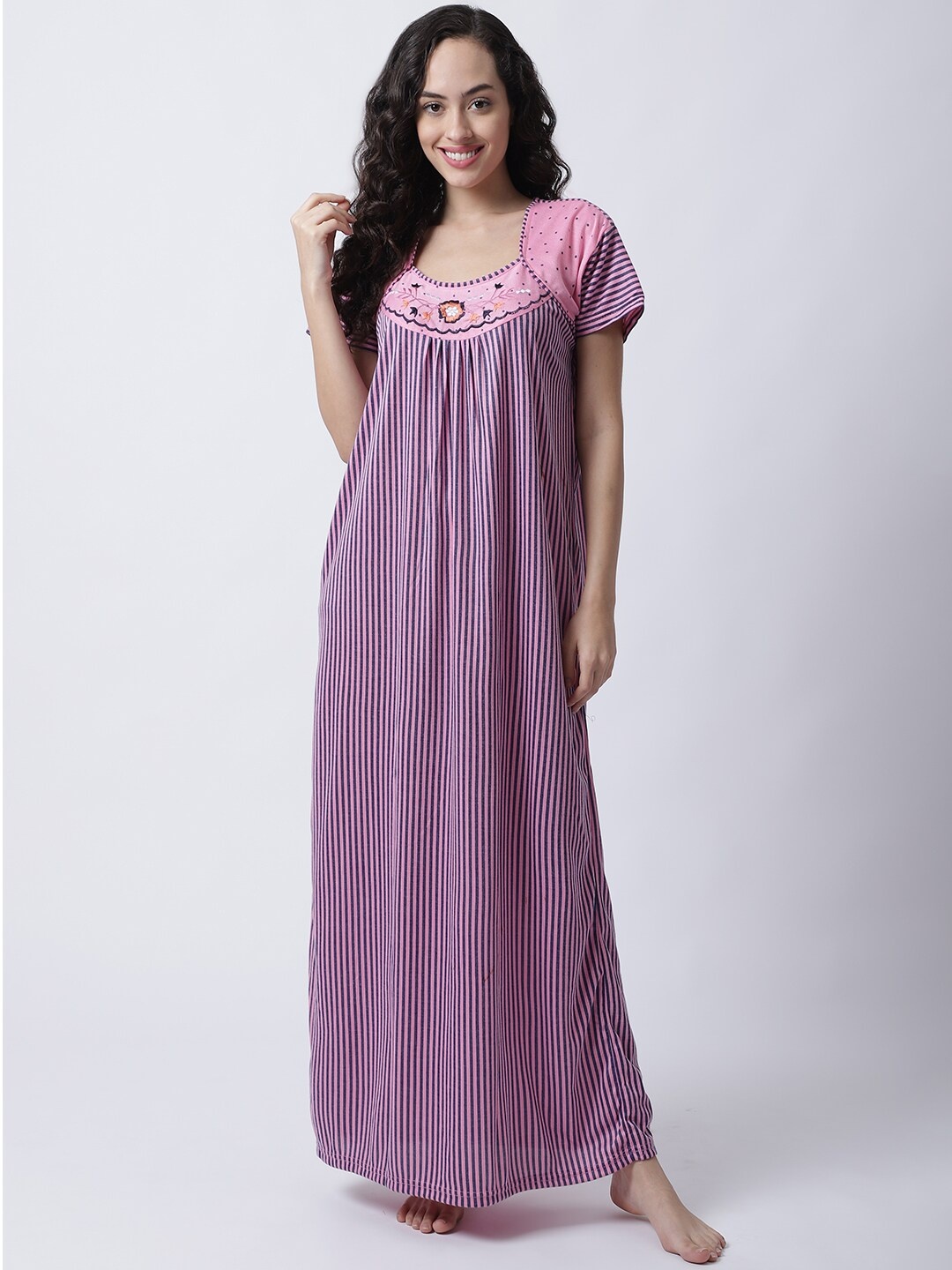 

Secret Wish Women Pink Striped Maxi Nightdress