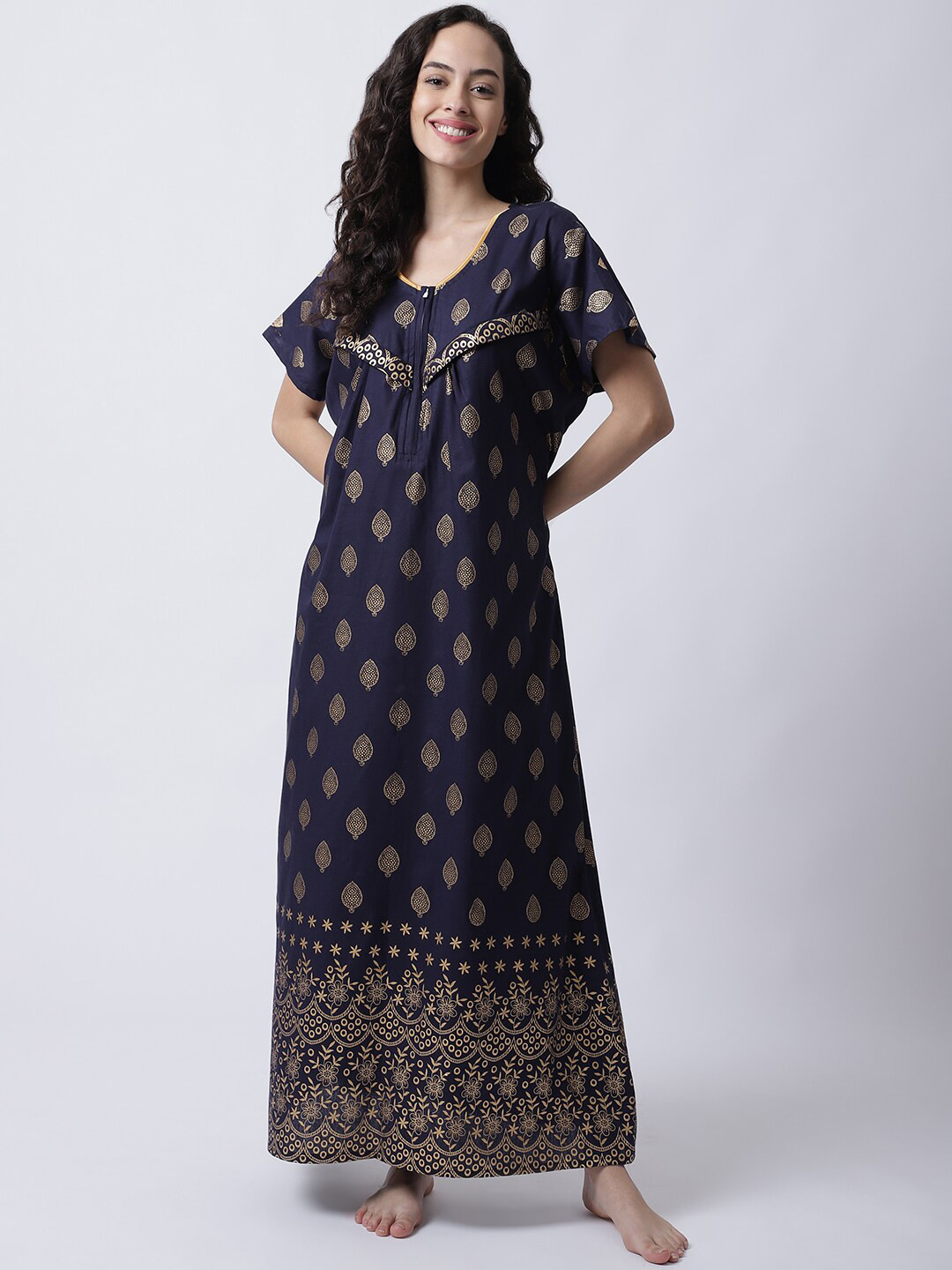 

Secret Wish Women Navy Blue Printed Maternity Maxi Nightdress